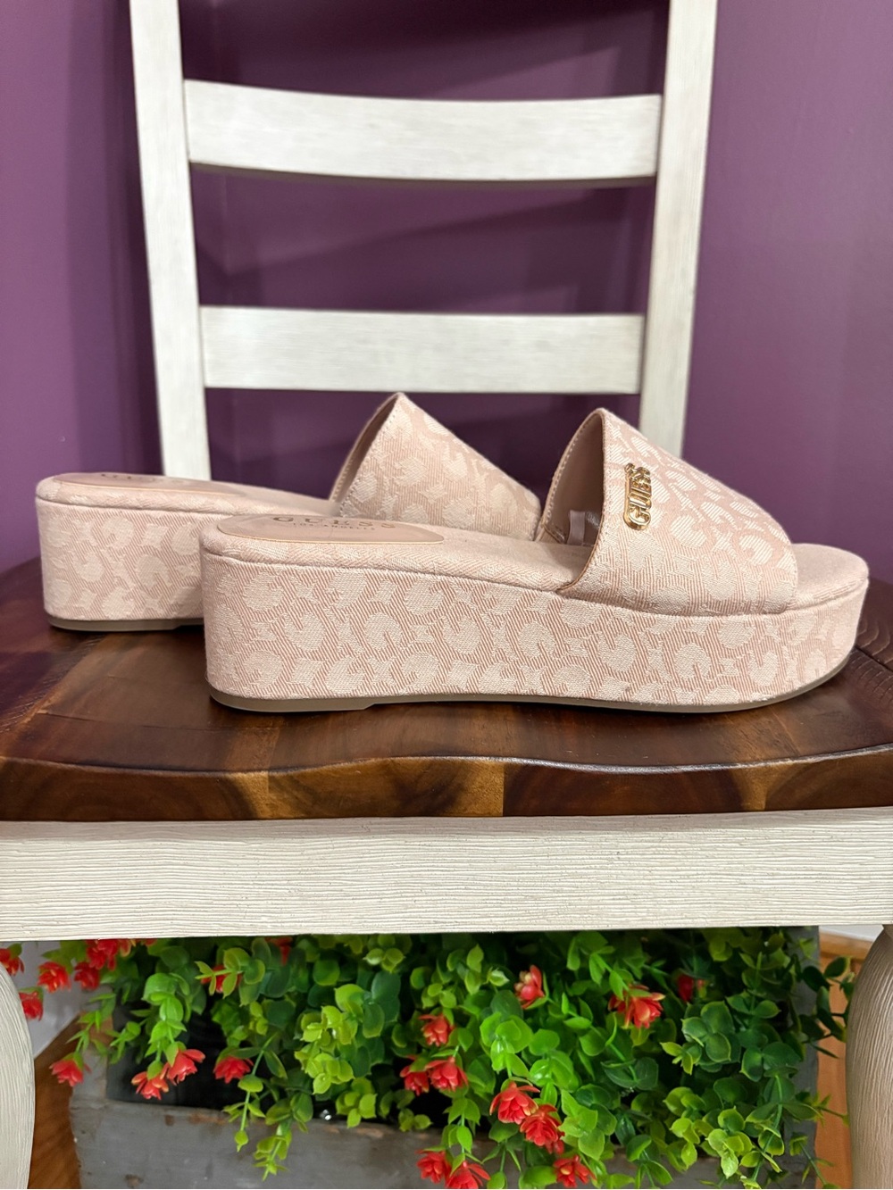 GUESS Tan Monogram Slide Mules with Gold Logo